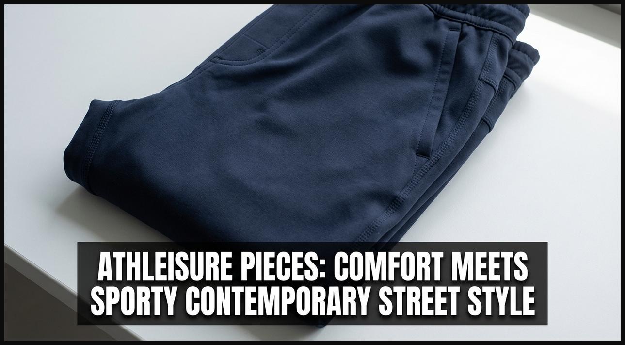A neatly folded navy blue athleisure jogger pant, showcasing its sporty fabric and comfortable design.