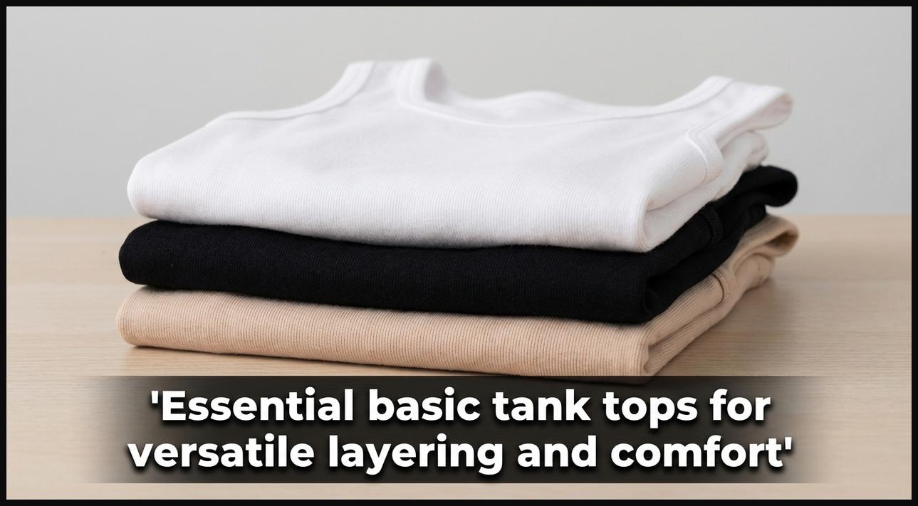 A neatly folded stack of basic cotton tank tops in white, black, and nude colors.