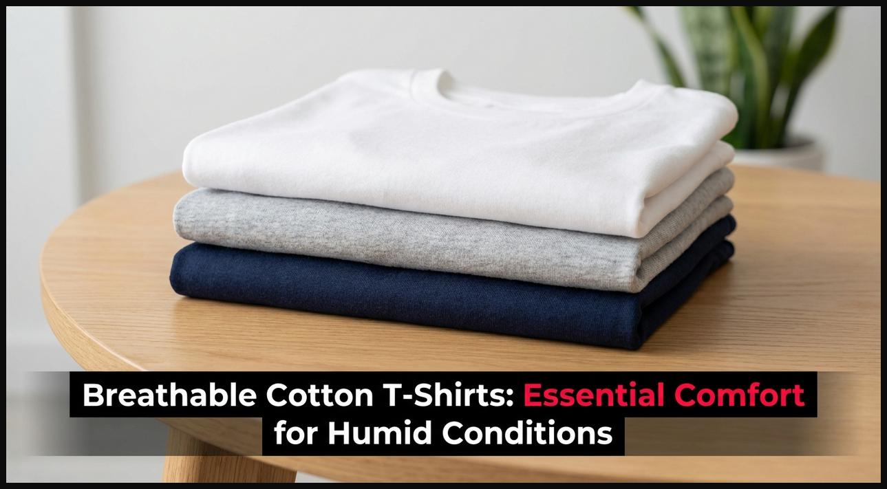 A neat stack of folded breathable cotton t-shirts in neutral colors, ready for summer wear.