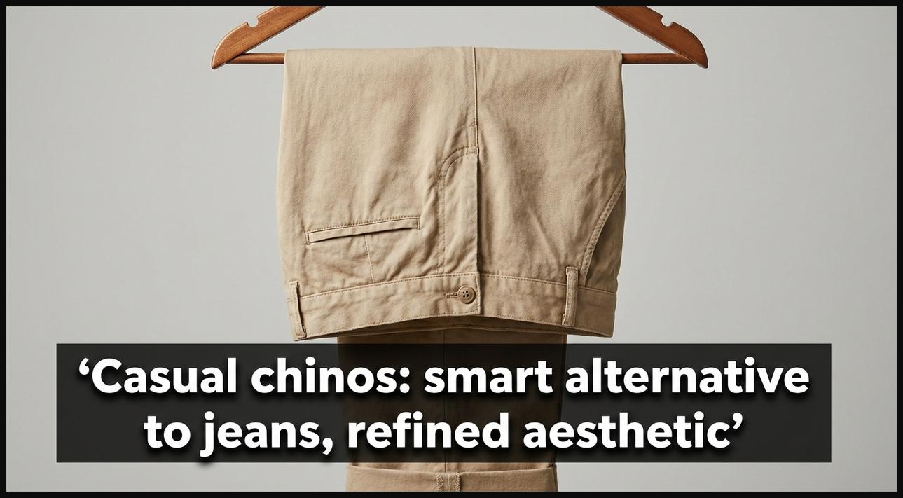 A pair of well-tailored beige casual chinos, neatly folded, suitable for various smart-casual outfits.