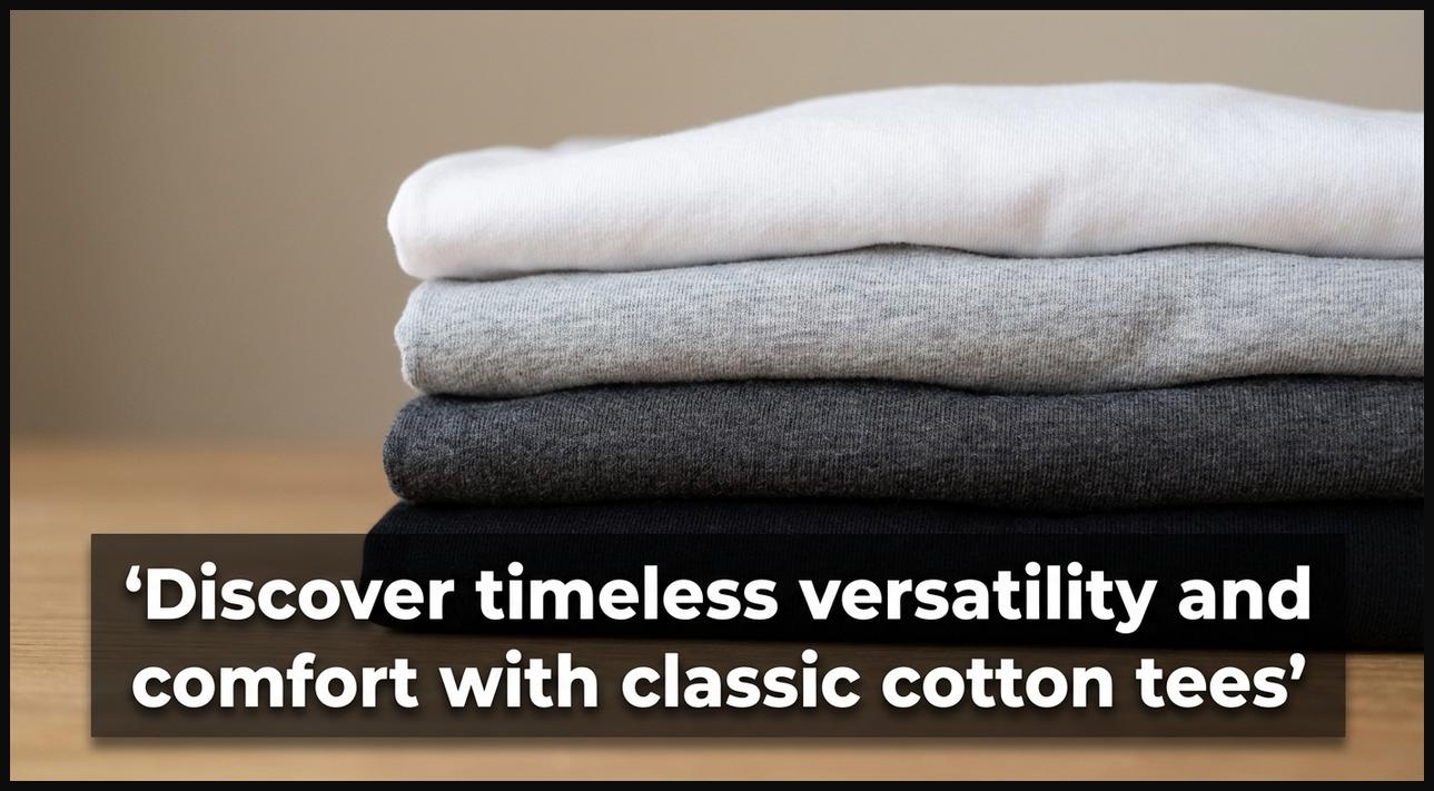 A neatly folded stack of soft, breathable classic cotton t-shirts in various colors, emphasizing versatility.