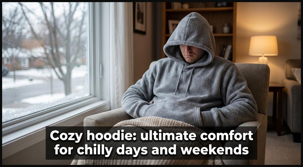 A person wearing a soft grey hoodie, hands tucked into the front pocket, looking comfortable and relaxed.