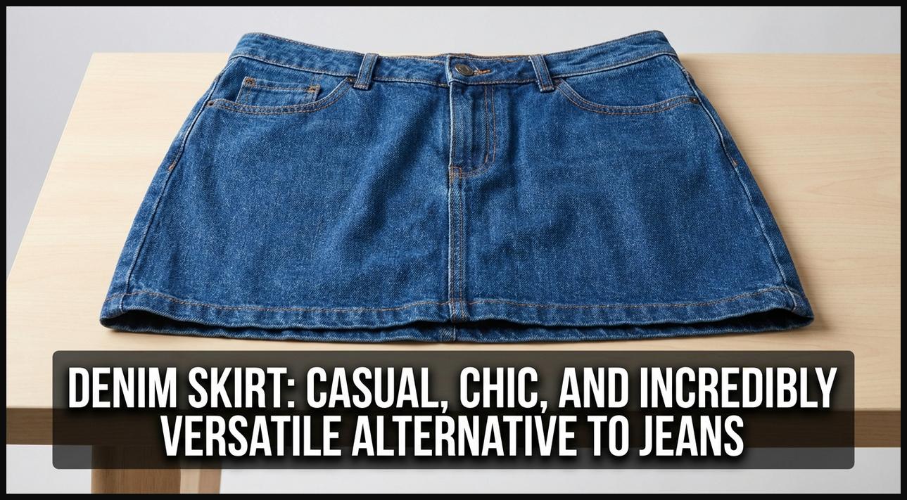 A classic blue denim A-line skirt laid flat, showcasing its texture and versatile casual style.