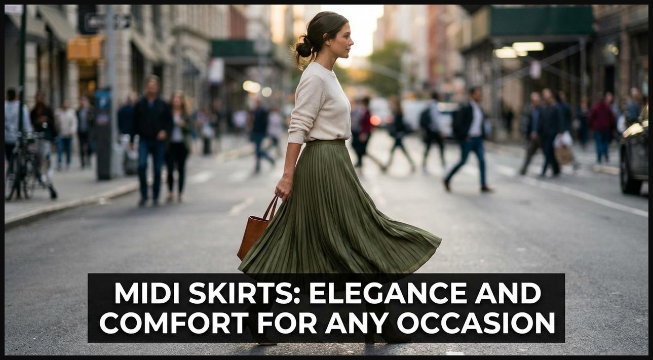 A woman gracefully walking in an elegant pleated midi skirt, demonstrating sophistication and flow.