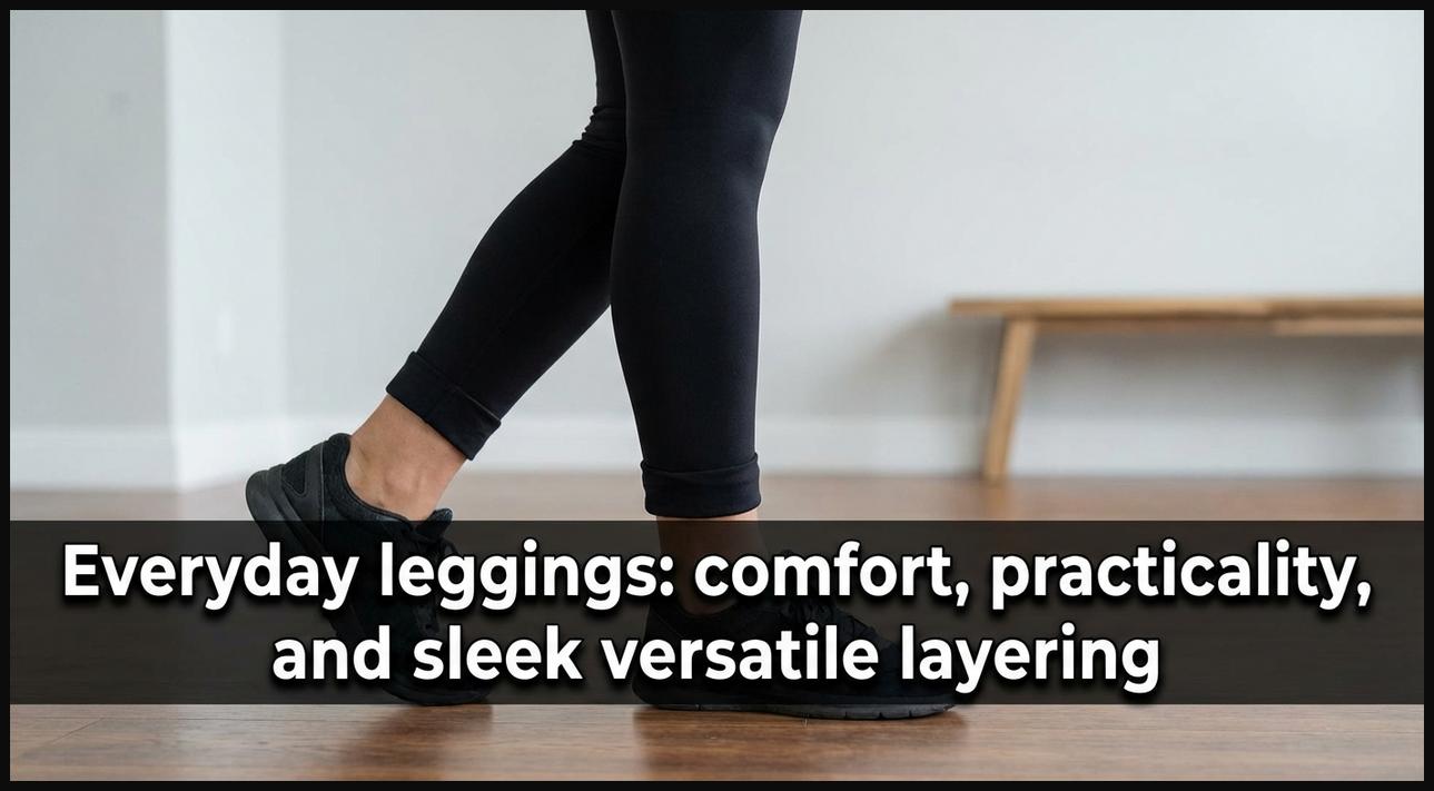 A close-up showing a person's legs wearing comfortable, high-quality black leggings, demonstrating stretch and fit.