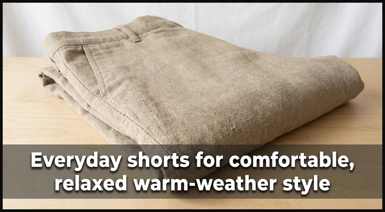 A neatly folded pair of comfortable beige cotton-linen blend shorts for casual summer wear.