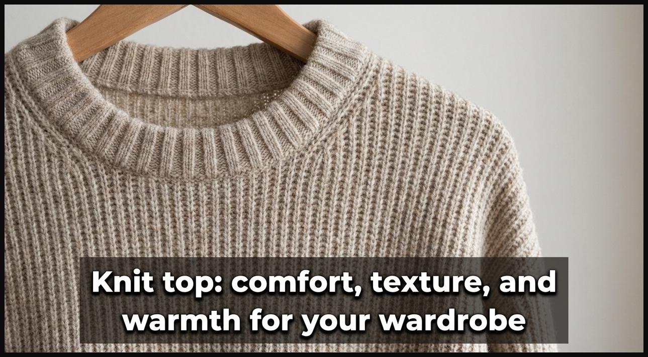 A close-up view of a soft, textured ribbed knit top in a neutral color, showcasing its fabric.