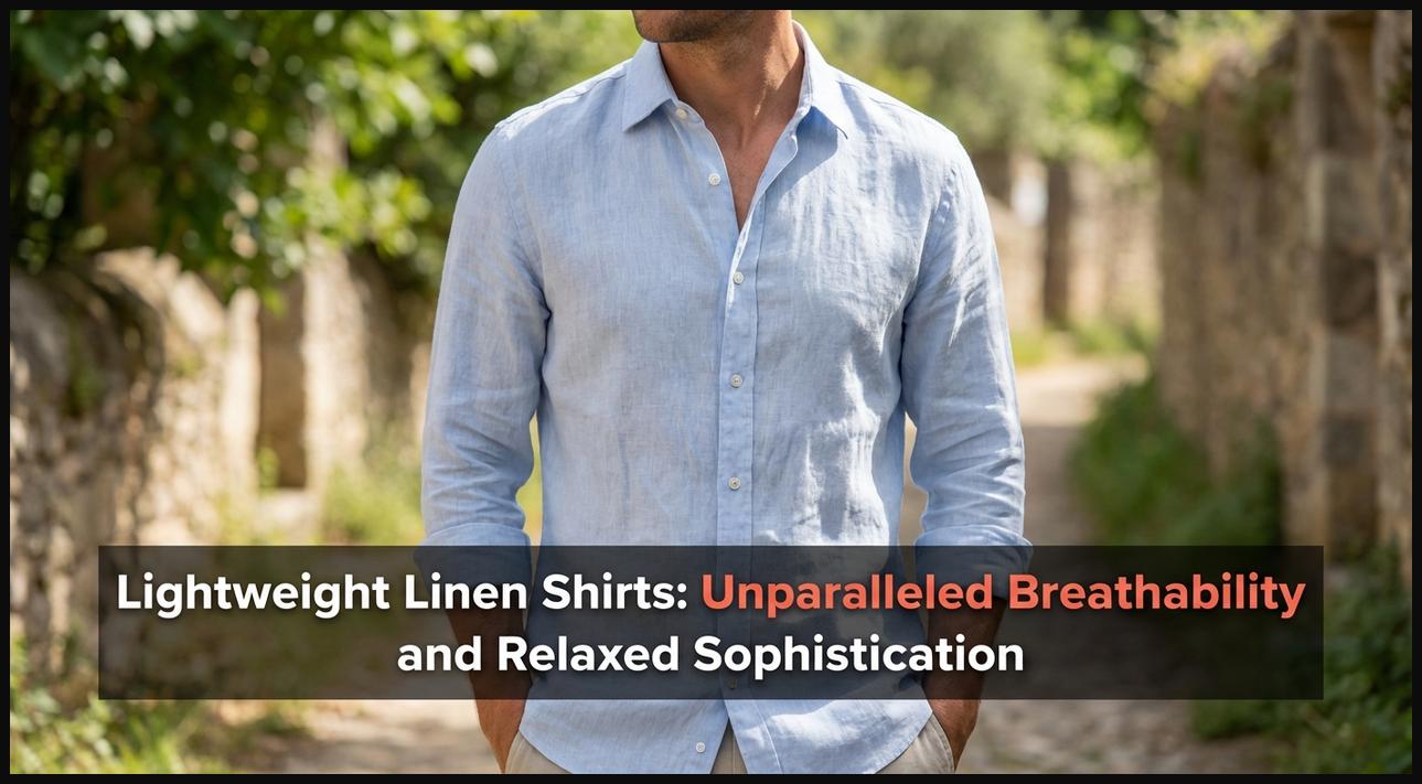 A man casually wearing a light blue linen shirt, exuding relaxed sophistication against a bright summer backdrop.