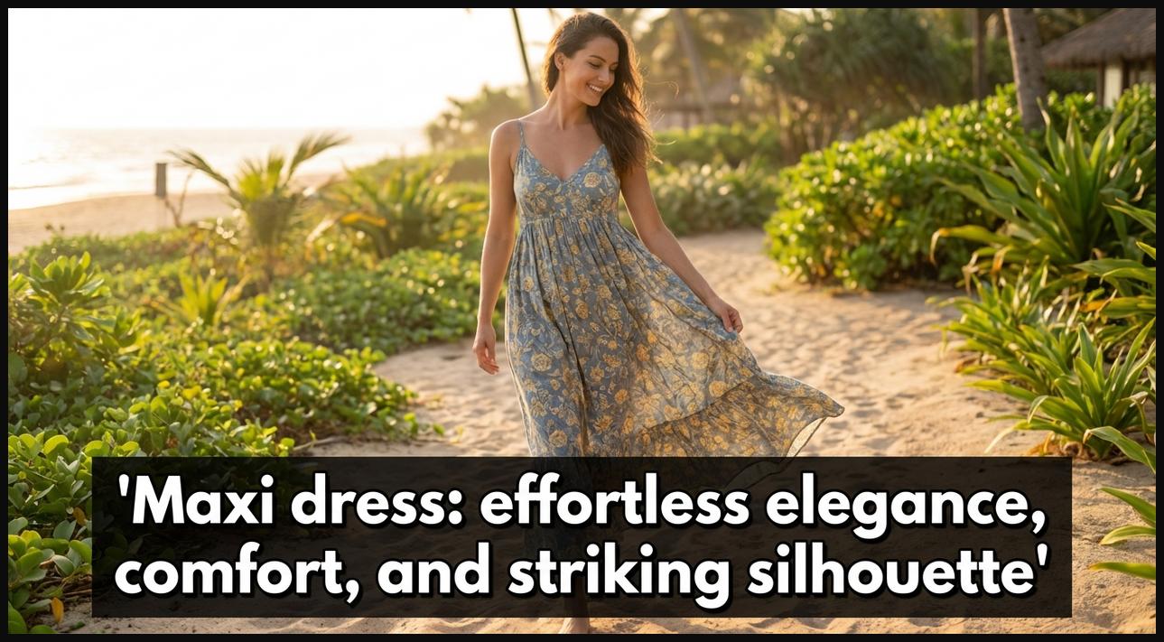 A woman gracefully walking in a long, flowing floral maxi dress in a sunny outdoor setting.