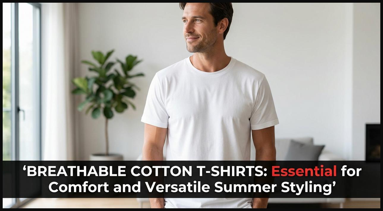 Man in a high-quality white cotton t-shirt, emphasizing its breathable, soft, and versatile nature for summer comfort.
