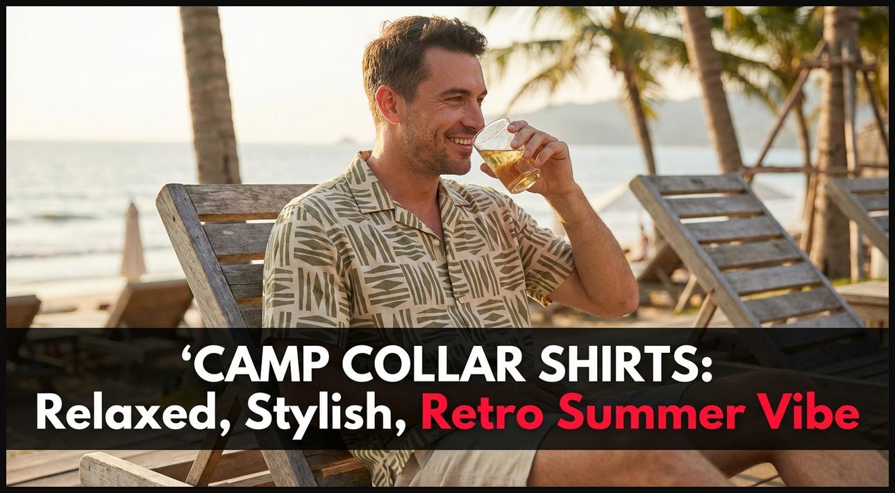 Man wearing a stylish camp collar shirt with a subtle pattern, capturing its relaxed, retro summer vibe.