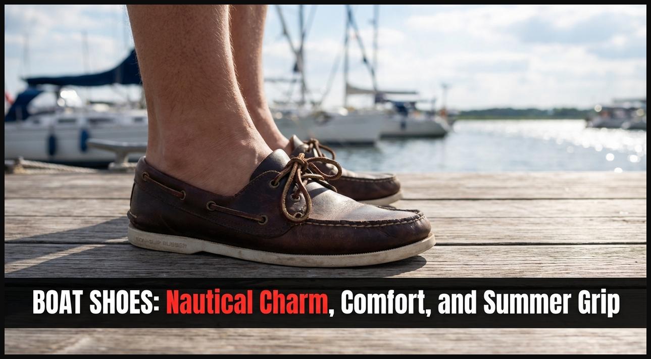 Man wearing classic leather boat shoes on a wooden deck, embodying nautical charm, comfort, and summer grip.