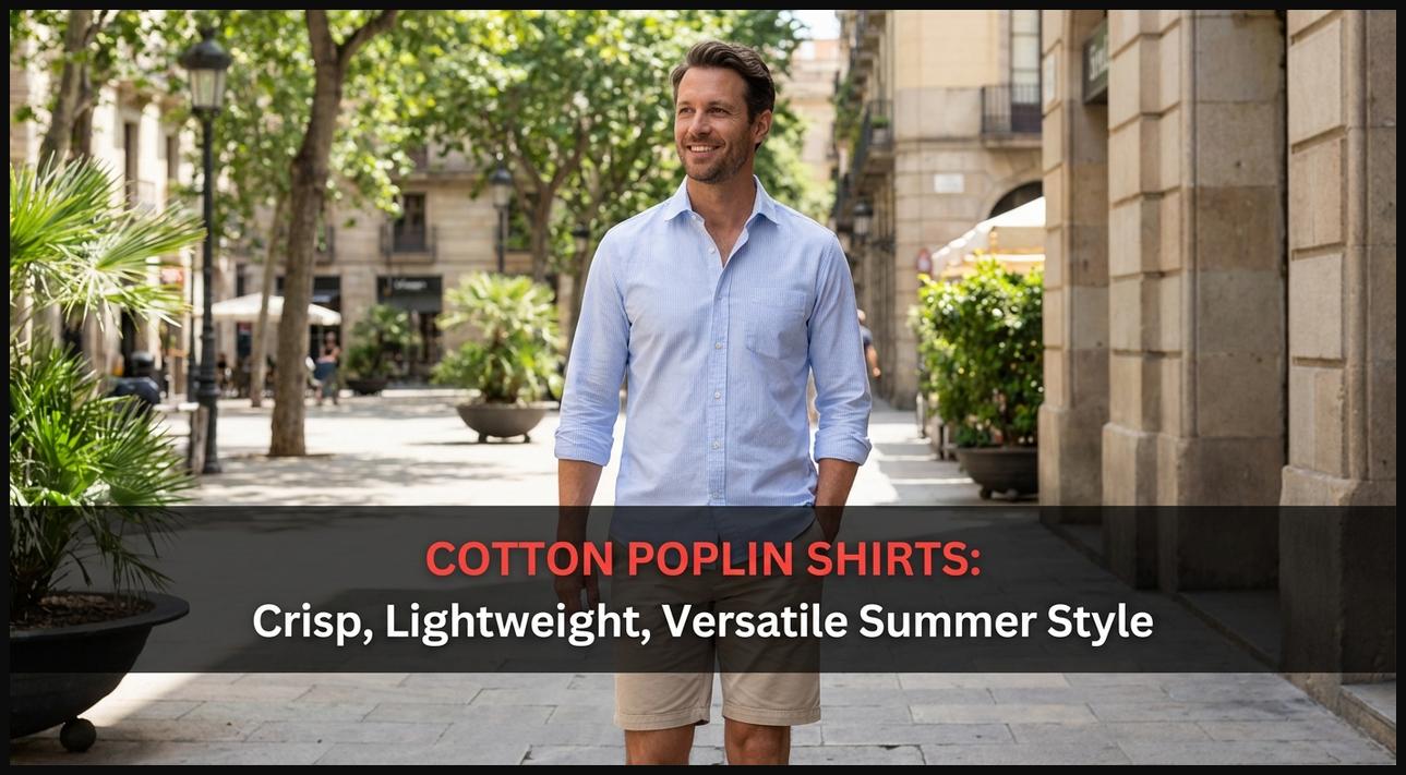 Man wearing a crisp light blue cotton poplin shirt, highlighting its lightweight and versatile structure for summer.