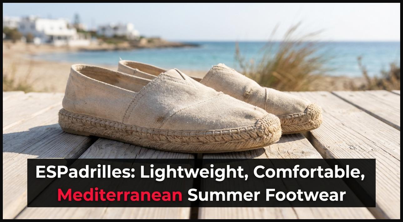 Close-up of classic canvas espadrilles with rope soles, representing lightweight and comfortable Mediterranean summer footwear.