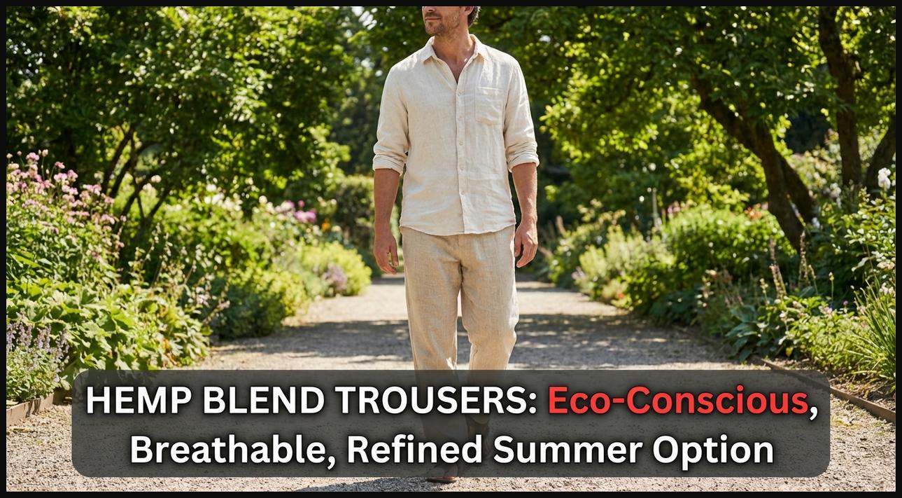 Man wearing light-colored hemp blend trousers, highlighting their eco-conscious, breathable, and refined summer style.
