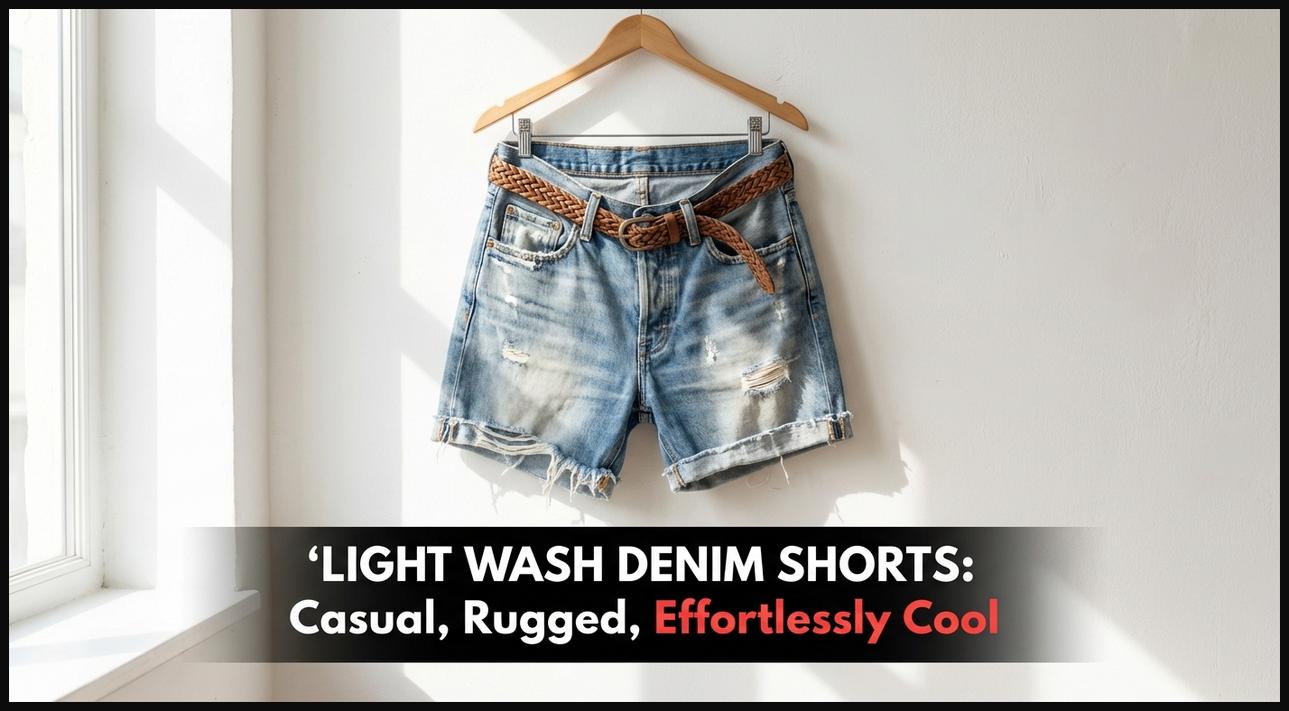 Light wash denim shorts, showcasing a casual, rugged, and effortlessly cool style for summer outings.
