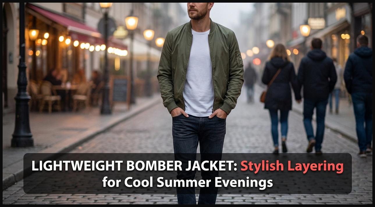 Man wearing a lightweight olive green bomber jacket, ideal for stylish layering on cool summer evenings.