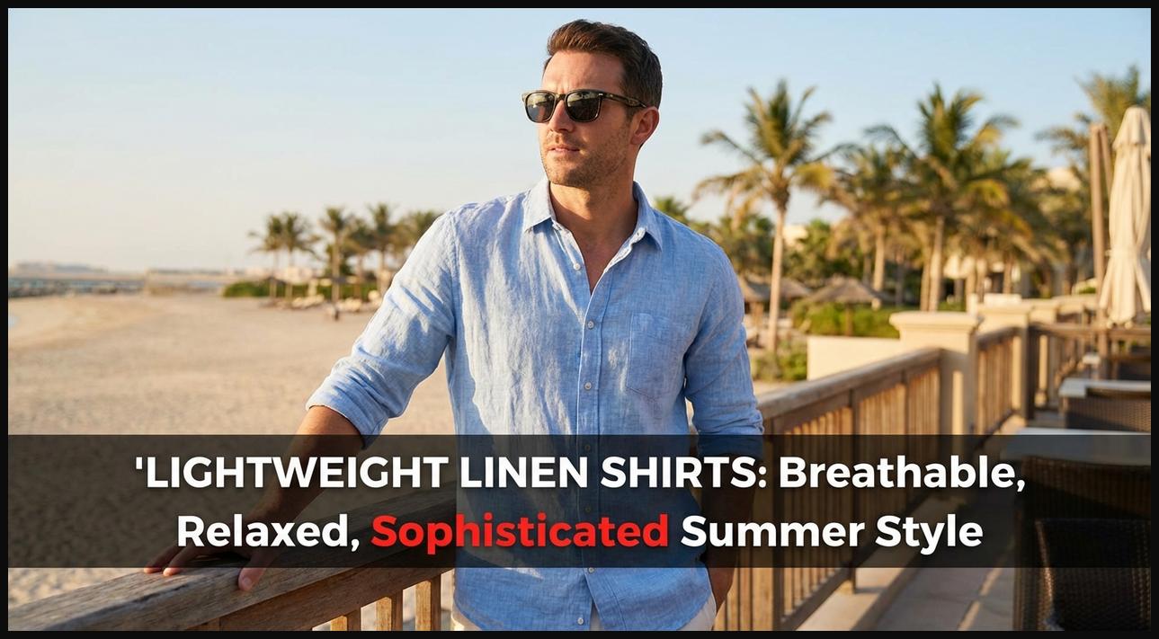 Man wearing a light blue linen shirt, showcasing its breathable fabric and relaxed, sophisticated style for summer.