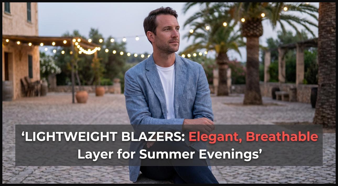 Man wearing a light beige unstructured linen blazer over a t-shirt, ideal as an elegant, breathable layer for summer evenings.