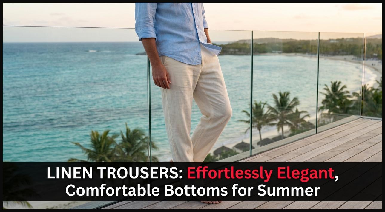 Man wearing light-colored, relaxed-fit linen trousers, showcasing their elegant, comfortable style for warm summer weather.