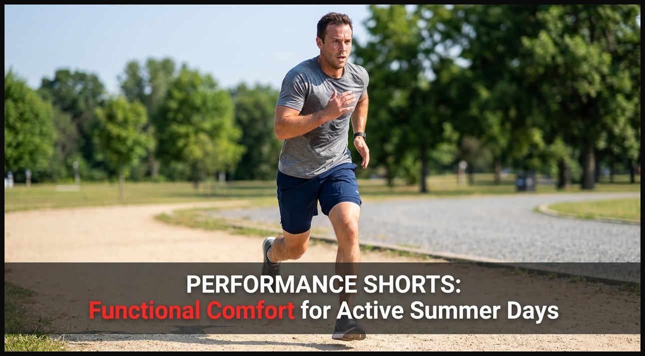 Man running in lightweight, moisture-wicking performance shorts, showcasing functional comfort for active summer days.