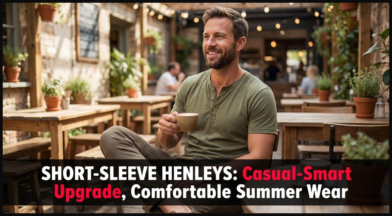 Man wearing a short-sleeve Henley shirt with its buttoned placket, offering a casual-smart upgrade for summer.