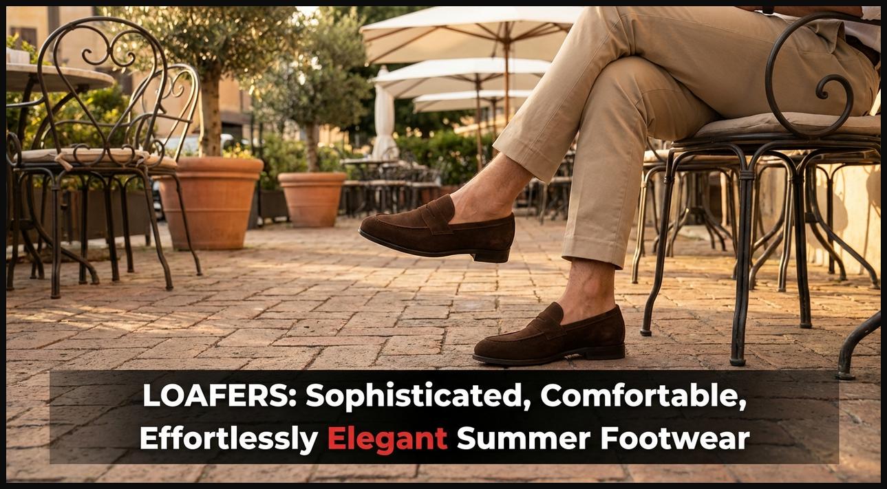 Man wearing elegant suede penny loafers with chino trousers, perfect for sophisticated and comfortable summer ensembles.
