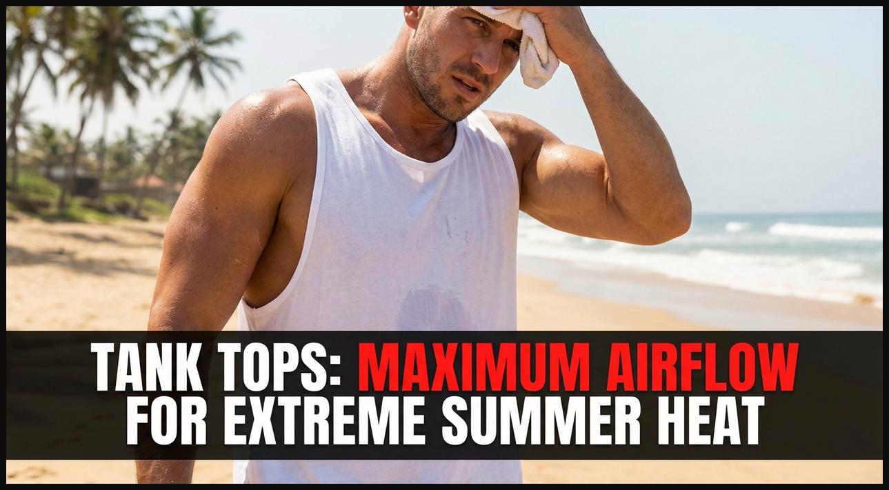 Fit man wearing a plain white cotton tank top, ideal for maximum airflow and comfort in extreme summer heat.