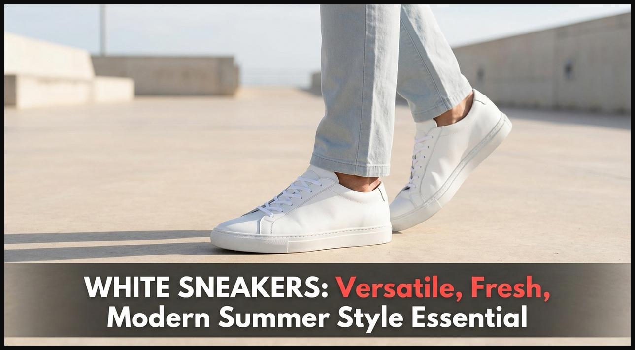 Pristine white leather sneakers on a man's feet, representing versatile, fresh, and modern summer style.