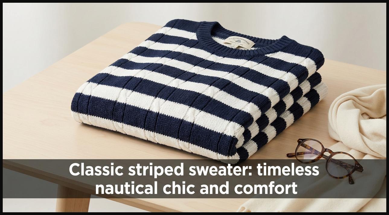 A neatly folded classic navy and white striped sweater, highlighting its timeless nautical appeal.