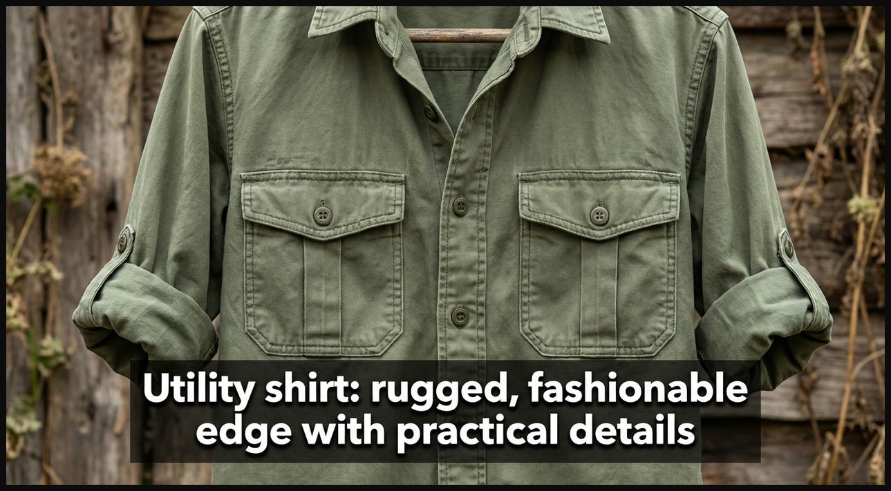 An olive green utility shirt with prominent patch pockets and rolled-up sleeves, on a wooden hanger.