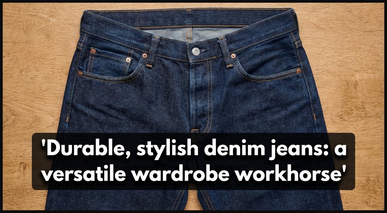 A close-up shot of a classic pair of indigo denim jeans, showcasing their texture and quality.