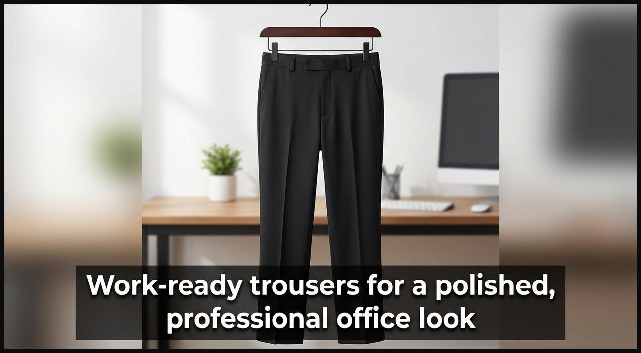 A pair of neatly pressed black professional work trousers on a hanger, ready for an office setting.
